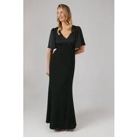 Coast Womens Bridesmaids Dress Black Elegant Satin V-Neck Long Angel Sleeve