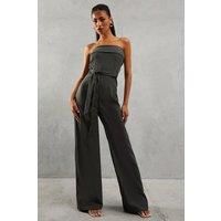 Misspap Womens Jumpsuit Grey Bandeau Belted Wide-Leg Versatile Design
