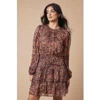 Animal Chiffon Gathered Ruched Mini Dress