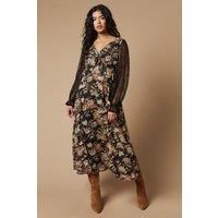 Oasis Womens Midi Dress Lace Sleeve Ruffle Front V Neck Black Casual