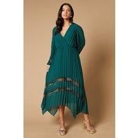 Oasis Womens A Line Midi Dress Green Pleated Chiffon Lace Trim V Neck