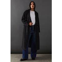 Warehouse Womens Jacket Black Wool Blend Maxi Coat Wide Lapels Flap Pockets