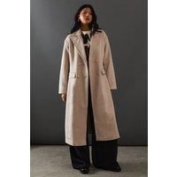 Warehouse Womens Jacket Oatmeal Wool Blend Maxi Coat Wide Lapels Flap Pockets