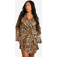 Womens Plus Leopard Print Wrap Shirt Dress