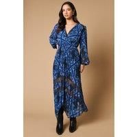 Scarf Print Pleated Lace Trim Insert Wrap Midi Dress