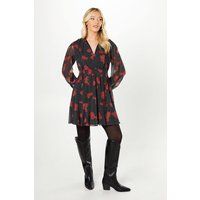 Womens Red Floral Spot Chiffon Lace Insert Long Sleeve Mini Dress