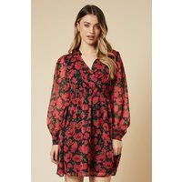 Womens Spaced Floral Chiffon Shirred Waist Long Sleeve Mini Dress