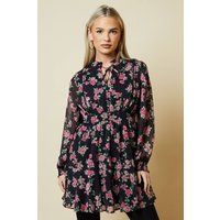 Womens Petite Pink Rose Chiffon Lace Insert Long Sleeve Mini Dress