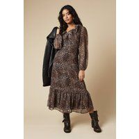 Womens Petite Leopard Chiffon Ruffle Neck Long Sleeve Midi Dress