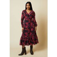Dorothy Perkins Womens Midi Dress Floral Floral Chiffon Ruffle Neck Long Sleeve