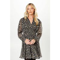 Womens Ivory Floral Chiffon Lace Insert Long Sleeve Mini Dress