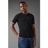 Mens Black Cable Knit Short Sleeve Knitted Polo - S