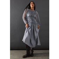 Warehouse Womens Midi Dress Silver Shirred Chiffon Panel Long Sleeve