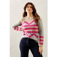 Womens Zig Zag Stripe Pattern Crew Neck Jumper