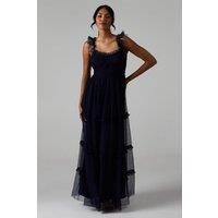 Oasis Womens Maxi Dress Navy Mesh Formal Bridesmaid Floor Length
