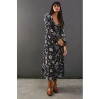 Warehouse Womens Black Midi Dress V Neck Long Sleeve Spring Summer