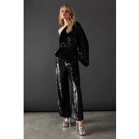 Warehouse Womens Jumpsuit Black Metallic Texture One Shoulder Flared Sleeve