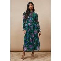 Oasis Womens Fit Flare Dress Green Floral Glitter Lace Trim Midi Spring