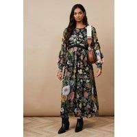 Oasis Womens Floral Midaxi Dress Black Chiffon Long Sleeve Round Neck