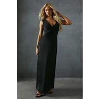 Misspap Womens Slip Dress Black Satin Sleeveless Long Lace Trim Tie Detail