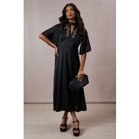 Oasis Womens Long Maxi Dress Black Satin Hand Embellished High Neck