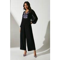 Coast Womens Jumpsuit Black Hand Embellished Floral Bodice Batwing Sleeves