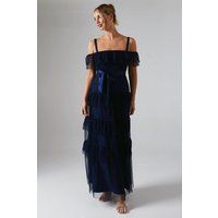 Oasis Womens Maxi Dress Navy Sleeveless Satin Mesh Pleated Tiered Skirt