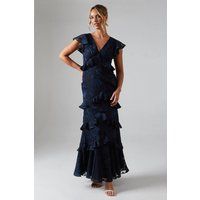 Oasis Womens A-Line Maxi Dress Navy Floral Short Sleeve Tiered Skirt