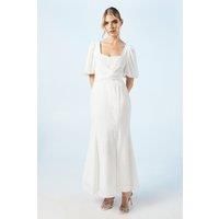 Oasis Womens Maxi Dress Ivory Fit Flare Puff Sleeve Satin Jacquard Wrap Waist