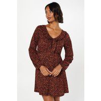 Womens Burgundy Ditsy Frill Front V Neck Mini Dress