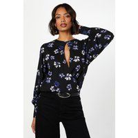 Womens Purple Floral Keyhole Long Sleeve Wrap Top