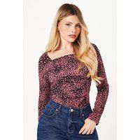 Womens Pink Animal Ruched Front Long Sleeve Top