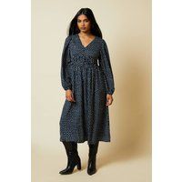 Womens Petite Spot Button Front Long Sleeve Midi Dress