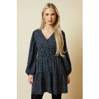 Womens Petite Spot Button Front Tiered Long Sleeve Mini Dress