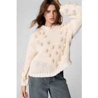 Nastygal Womens Chunky Knit Jumper Cream Pom Pom Detailing Ribbed Hem