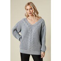 Womens Cable Front V Neck Slouchy Jumper