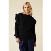 Womens Frill Shoulder Embellished Sleeve Crew Neck Jumper