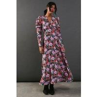 Warehouse Womens Dress Floral V Neck Long Puff Sleeve Floral Midi