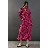 Warehouse Womens Dress Berry Zebra Print V Neck Long Puff Sleeve Midi