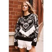 Nastygal Womens Pullover Jumperblack Long Sleeve Crew Neck Fringe Oversized Knit