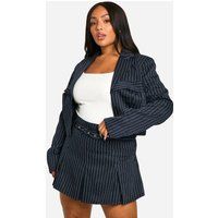 Womens Plus Pinstripe Belted Tailored Mini Skirt