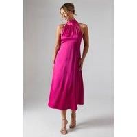 Oasis Womens Midi Dress Satin Halterneck Bridesmaids Elegant Pink A-Line