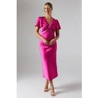 Satin Twist Front Angel Sleeve Midi Bridesmaids Dress