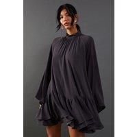 Warehouse Womens Mini Dress Grey Chiffon Drop Hem High Neck Flare Sleeve