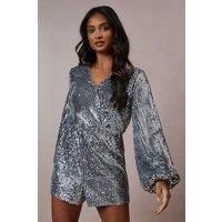 Oasis Womens Playsuit Sequin Stripe Wrap Pewter Long Sleeve