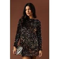 Oasis Womens Mini Dress Black Dazzling Ombre Sequin Bow Long Sleeve Cocktail