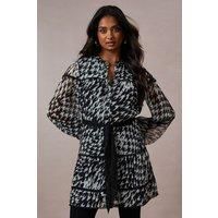 Dogtooth Chiffon Contrast Belted Mini Dress