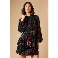 Oasis Womens Mini Dress Black Velvet Floral Blouson Sleeve Tiered Skirt