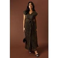 Oasis Womens Maxi Dress Gold Plisse Metallic V Neck Side Split Elegant