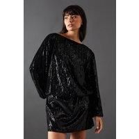 Warehouse Womens Mini Dress Black Velvet Sequin Blouson Long Sleeve Short